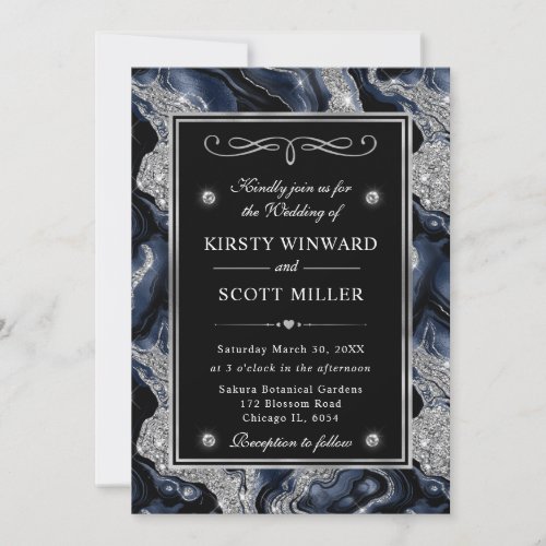 Elegant Blue Foil  Silver Glitter Agate Wedding Invitation