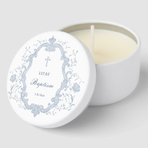 Elegant Blue Foliage Crest Baptism Mini Candle Favors