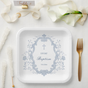 Elegant Blue Foliage Crest Baptism Paper Plates