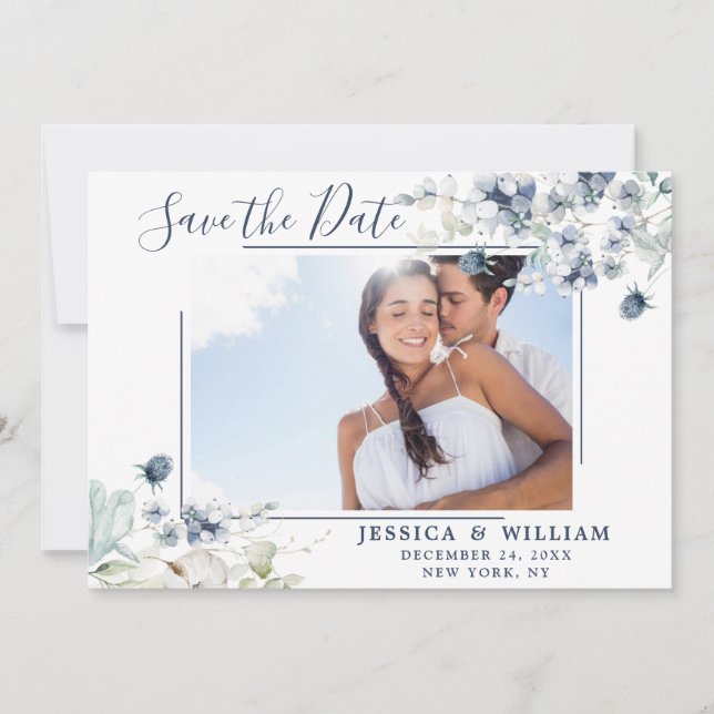 Elegant Blue  Foliage PHOTO Wedding Save the Date (Front)