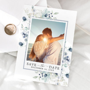 Elegant Blue  Foliage PHOTO Wedding Save the Date