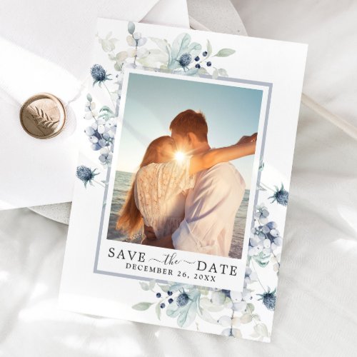 Elegant Blue  Foliage PHOTO Wedding Save the Date