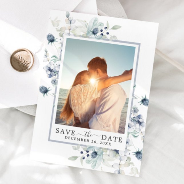 Elegant Blue  Foliage PHOTO Wedding Save the Date (Creator Uploaded)