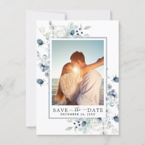 Elegant Blue  Foliage PHOTO Wedding Save the Date
