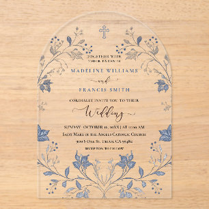 elegant blue foliage religious wedding acrylic invitations