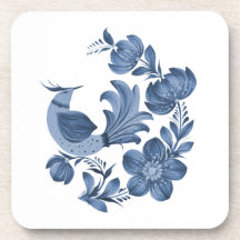 Elegant Blue Folk Art Bird and Floral