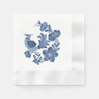 Elegant Blue Folk Art Bird and Floral Napkins