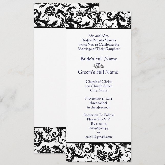 Elegant Blue Font Black Damask Wedding Invitation (Front/Back)