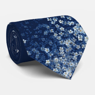 Elegant Blue Forget-Me-Not Floral Tip Navy Tie