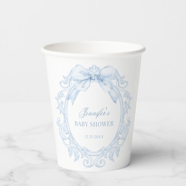 Elegant Blue Frame Bow Baby Boy Shower Paper Cups (Back)