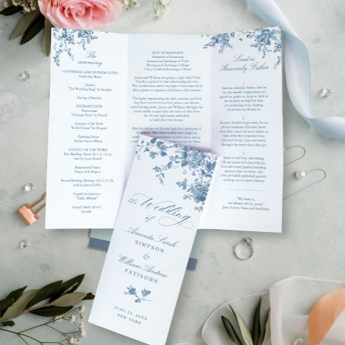 Elegant Blue France Flowers Wedding Program