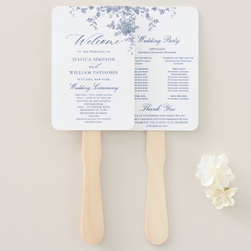 Elegant Blue France Flowers Wedding Program Hand Fan