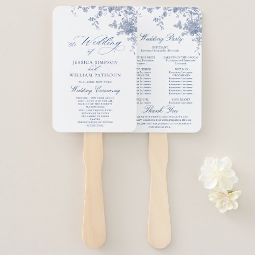 Elegant Blue France Flowers Wedding Program Hand Fan