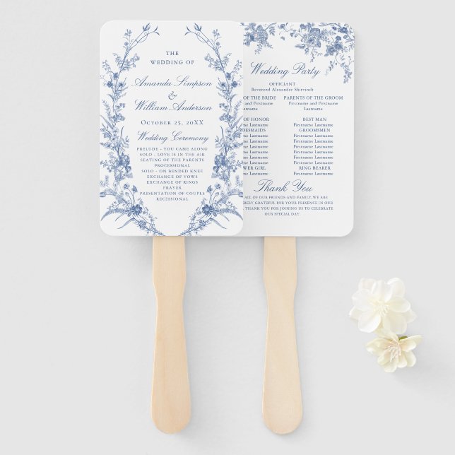 Elegant Blue France Flowers Wedding Program Hand Fan (Front and Back)