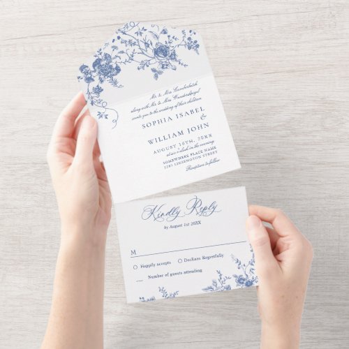 Elegant Blue France Garden Flowers Wedding All In One Invitation