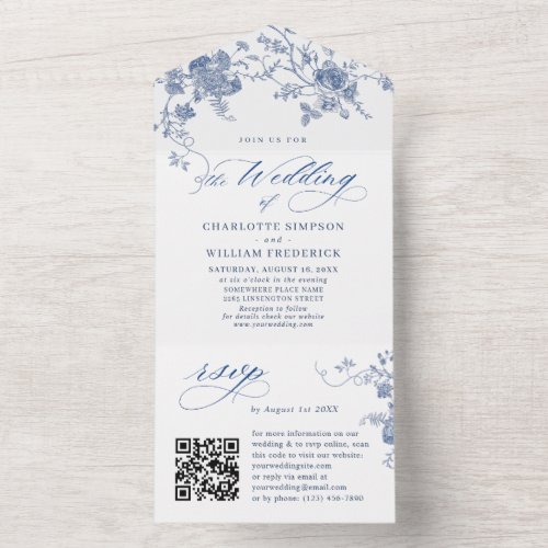 Elegant Blue France Garden Flowers Wedding QR code All In One Invitation