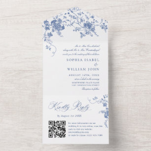 Elegant Blue France Garden Flowers Wedding QR code All In One Invitation