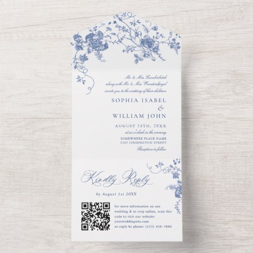 Elegant Blue France Garden Flowers Wedding QR code All In One Invitation