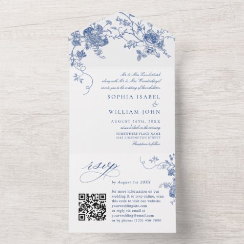 Elegant Blue France Garden Flowers Wedding QR code All In One Invitation