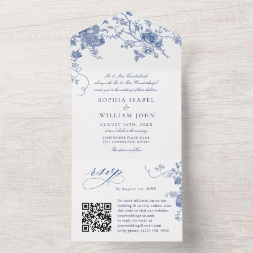 Elegant Blue France Garden Flowers Wedding QR code All In One Invitation