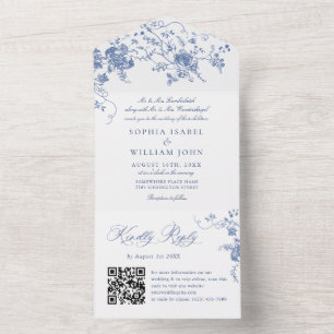 Elegant Blue France Garden Flowers Wedding QR code All In One Invitation