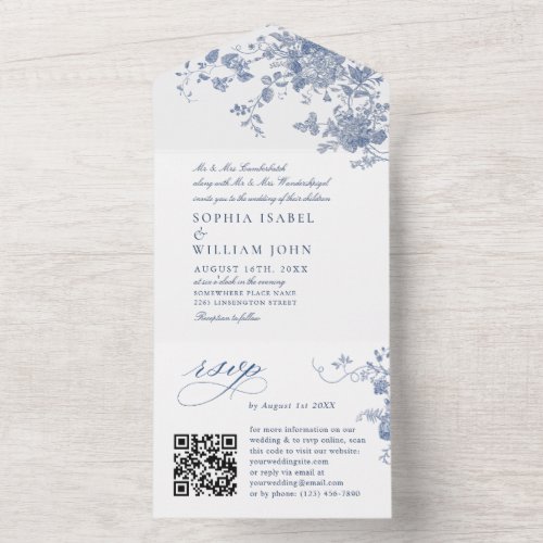 Elegant Blue France Vintage Garden Flowers Wedding All In One Invitation