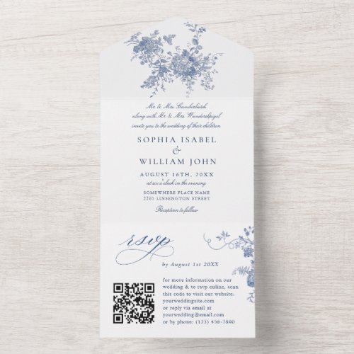 Elegant Blue France Vintage Garden Flowers Wedding All In One Invitation