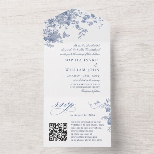 Elegant Blue France Vintage Garden Flowers Wedding All In One Invitation