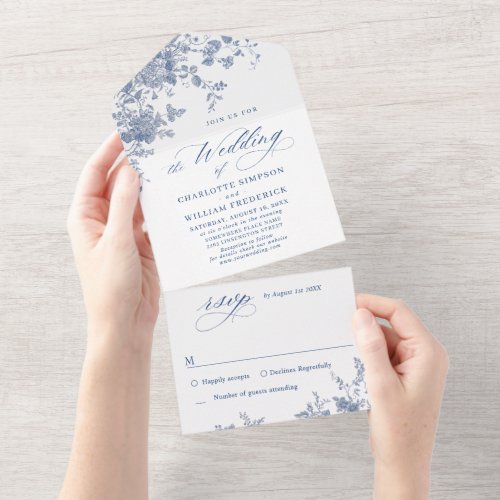 Elegant Blue France Vintage Garden Flowers Wedding All In One Invitation