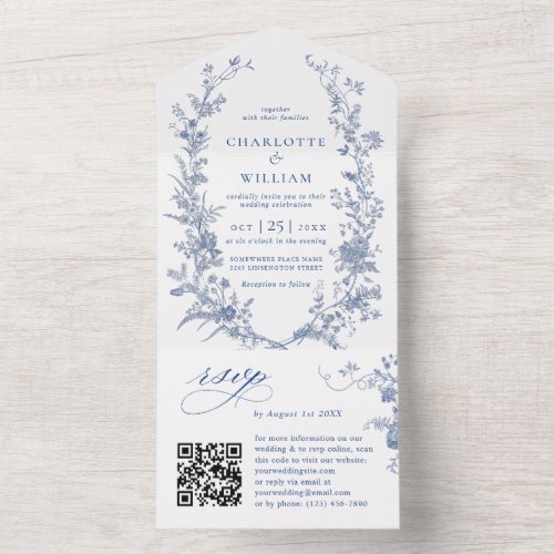 Elegant Blue France Vintage Garden Flowers Wedding All In One Invitation