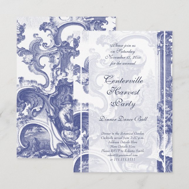 Elegant Blue French Baroque Toile Invitation (Front/Back)