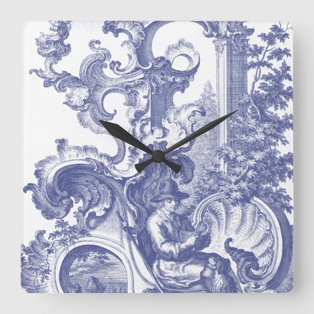 Elegant Blue French Baroque Toile Square Wall Clock (Front)