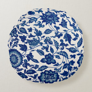 Elegant Blue French Country Chinoiserie Toile Round Pillow