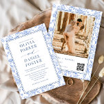 Elegant Blue French Floral Photo QR Code  Invitation