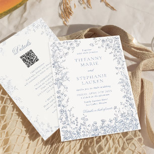 Elegant Blue French Floral Wedding Invitation