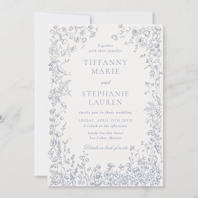 Elegant Blue French Floral Wedding Invitation (Front)