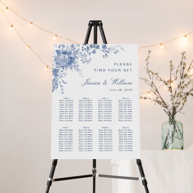 Elegant Blue French Garden 8 Tables SEATING CHART Foam Board (In Situ (Stand))
