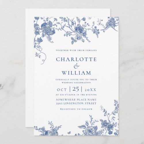Elegant Blue French Garden All in One Wedding Invitation