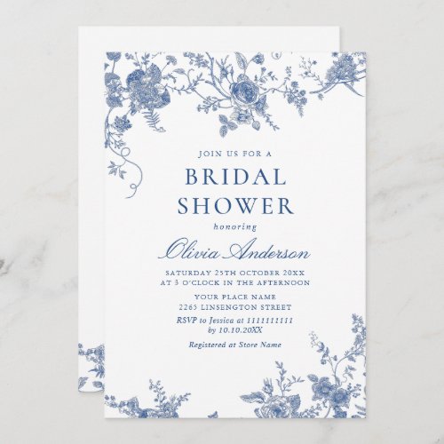 Elegant Blue French Garden BRIDAL SHOWER Invitation