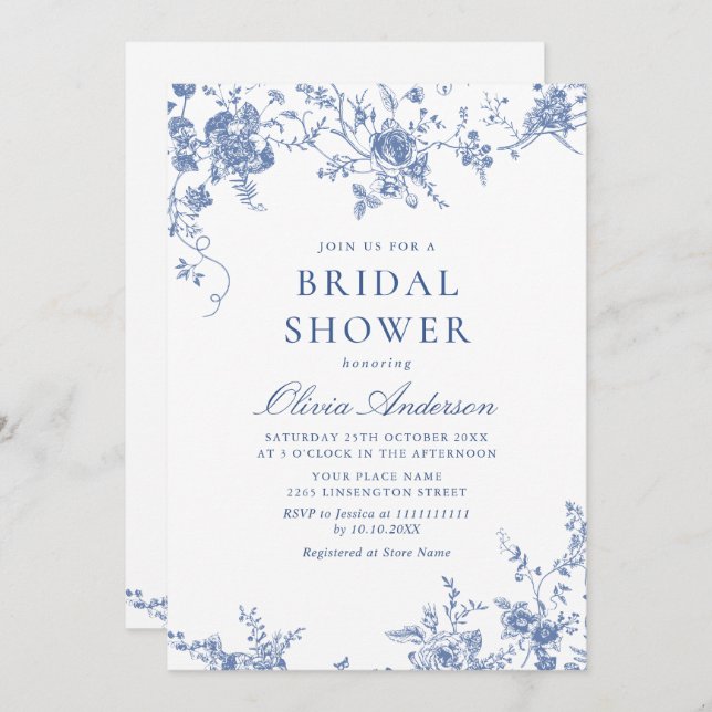 Elegant Blue French Garden BRIDAL SHOWER QR code Invitation (Front/Back)