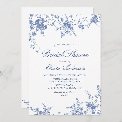 Elegant Blue French Garden BRIDAL SHOWER QR code Invitation