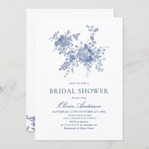 Elegant Blue French Garden BRIDAL SHOWER QR code Invitation