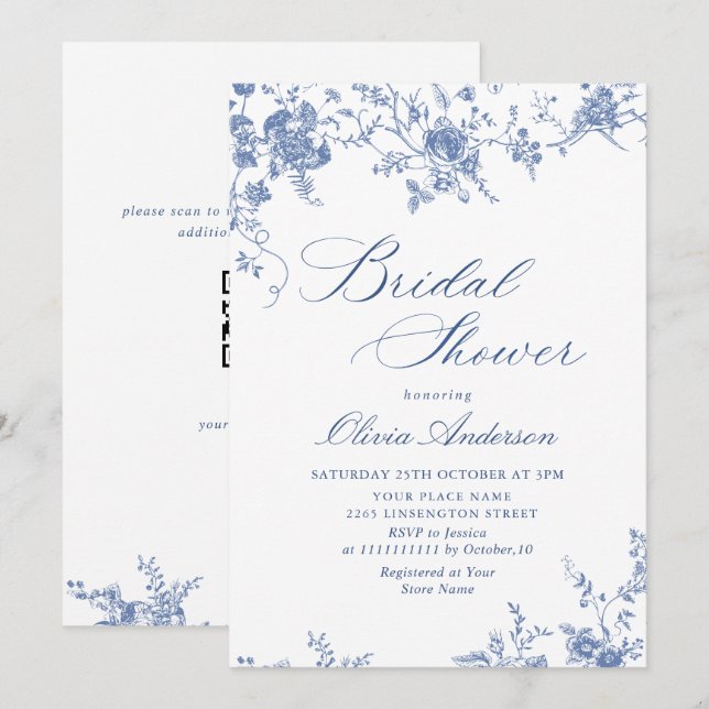 Elegant Blue French Garden BRIDAL SHOWER QR code Invitation (Front/Back)