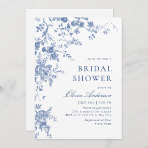 Elegant Blue French Garden Floral BRIDAL SHOWER Invitation