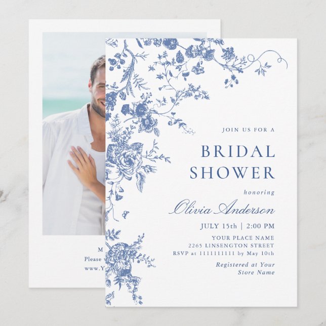 Elegant Blue French Garden Floral BRIDAL SHOWER Invitation (Front/Back)