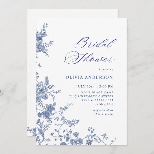 Elegant Blue French Garden Floral BRIDAL SHOWER Invitation