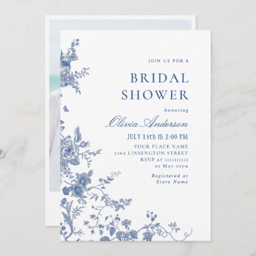 Elegant Blue French Garden Floral BRIDAL SHOWER Invitation