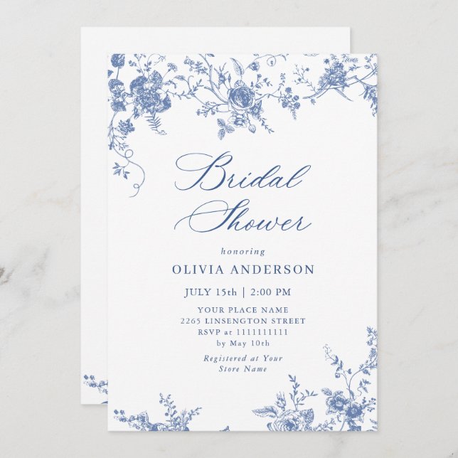 Elegant Blue French Garden Floral BRIDAL SHOWER Invitation (Front/Back)