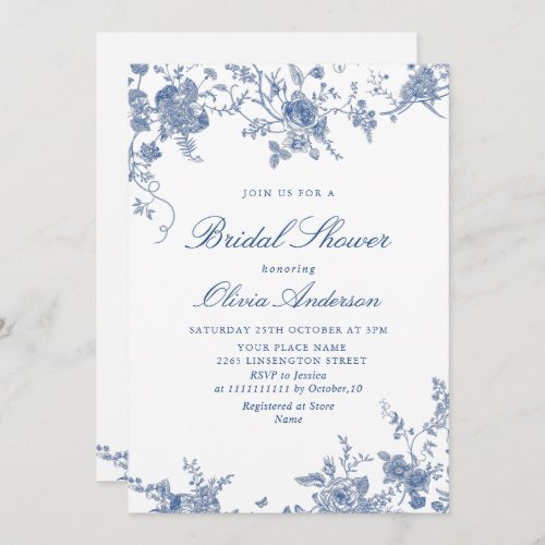 Elegant Blue French Garden Floral BRIDAL SHOWER Invitation