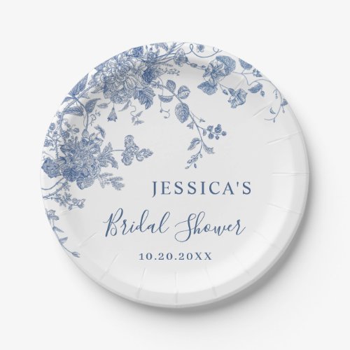 Elegant Blue French Garden Floral Bridal Shower Paper Plates